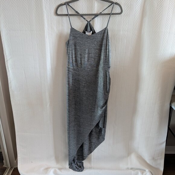 BCBGeneration Liquid Silver Metallic Asymmetrical Ruched Midi Dress Size Medium - Picture 11 of 16